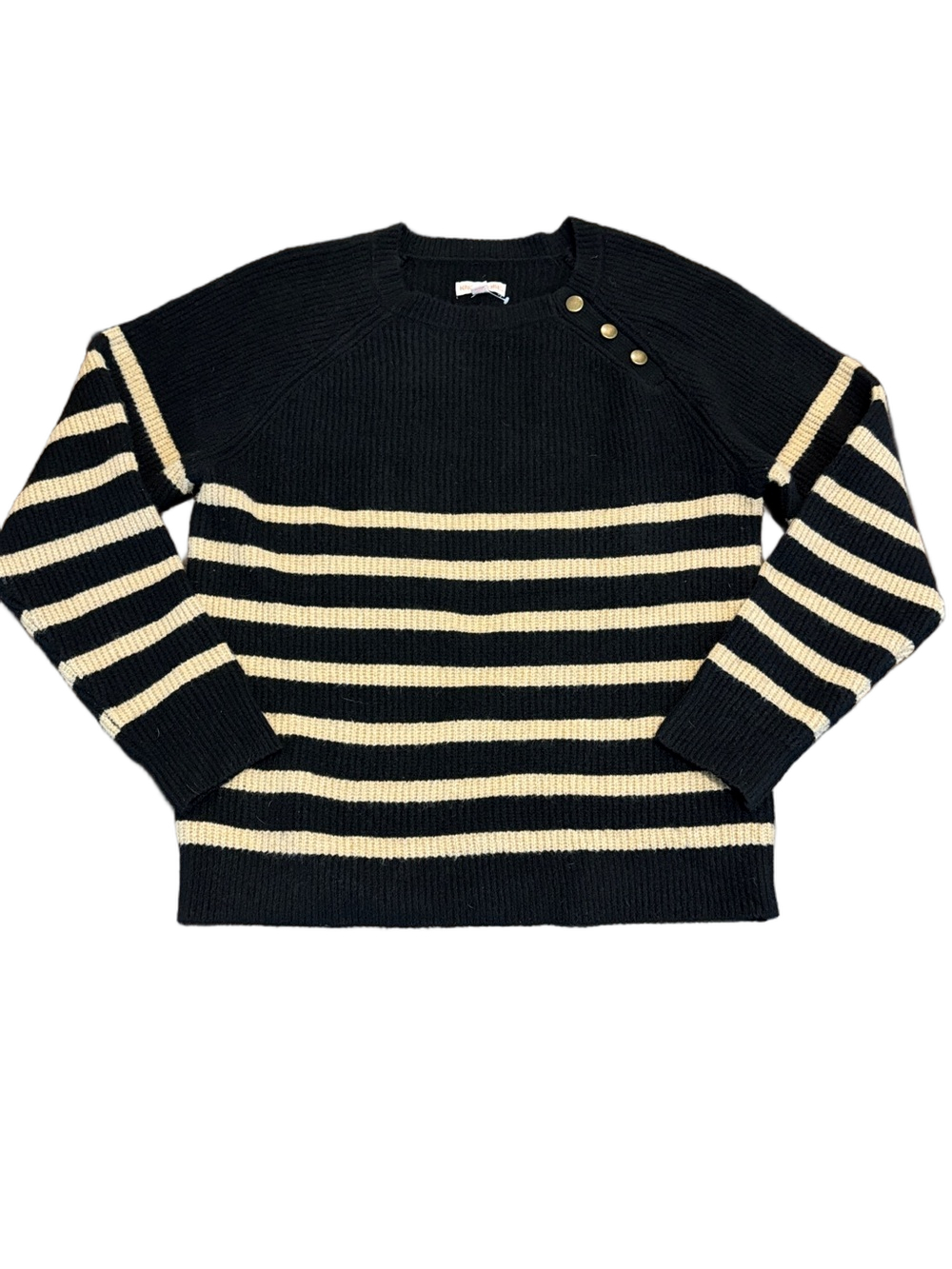 Knox Rose Black and Cream Striped Crewneck Sweater with Shoulder Buttons Size M - Picture 1 of 3